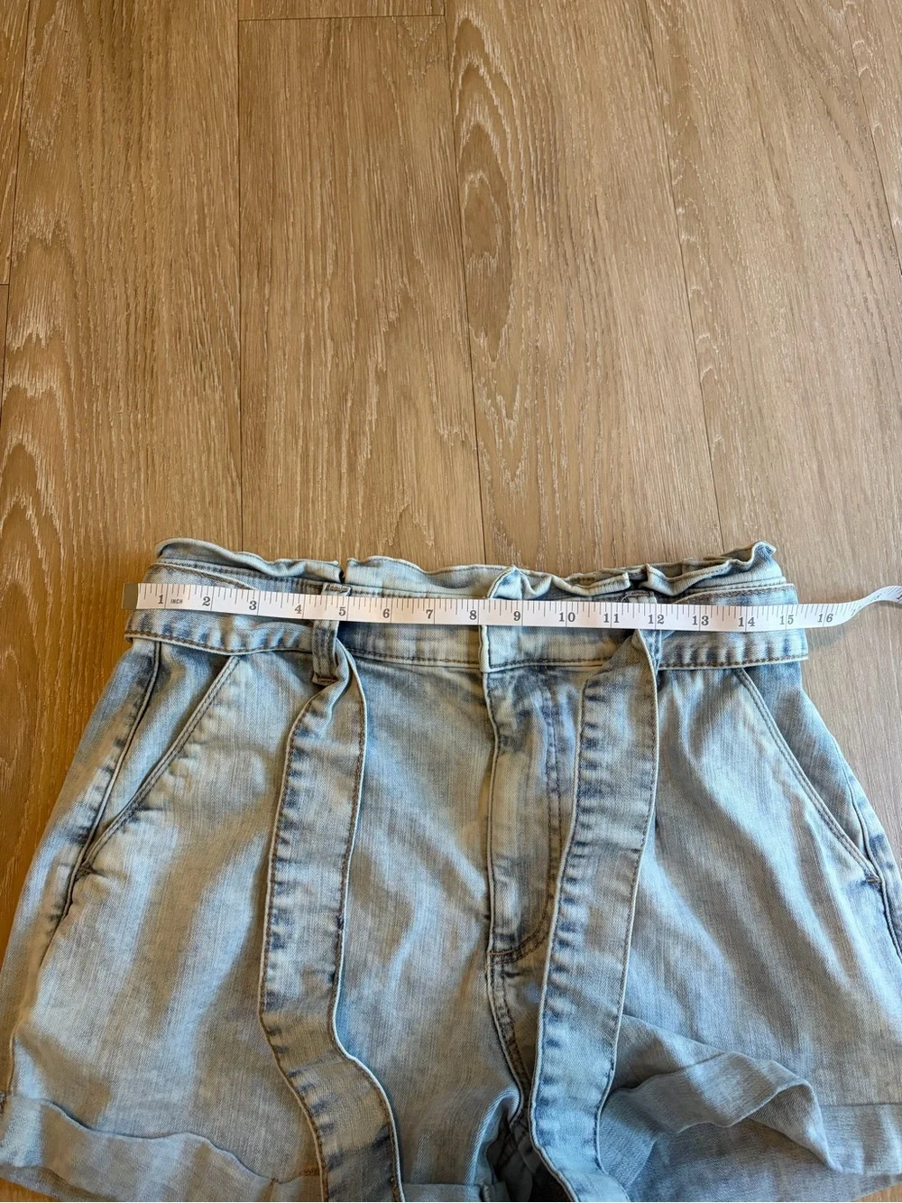 Light Blue Shortie Super High Rise Paperbag Waist Denim Shorts w/ Tie Belt